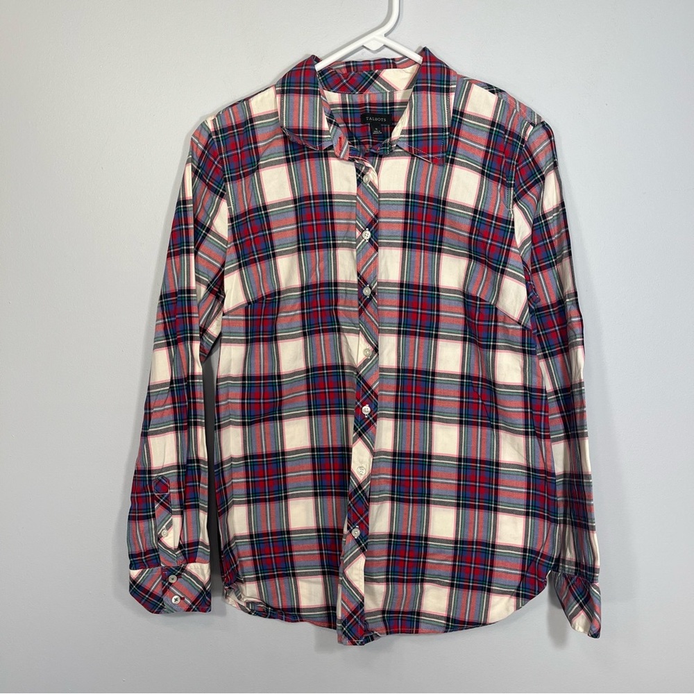 Talbots Shirt Womens Small Pink White Plaid Flannel Button Up Outdoor Casual